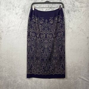 Vintage 90s Navy Wool Baroque Pencil Skirt Midi Classic Office Evening Size 10